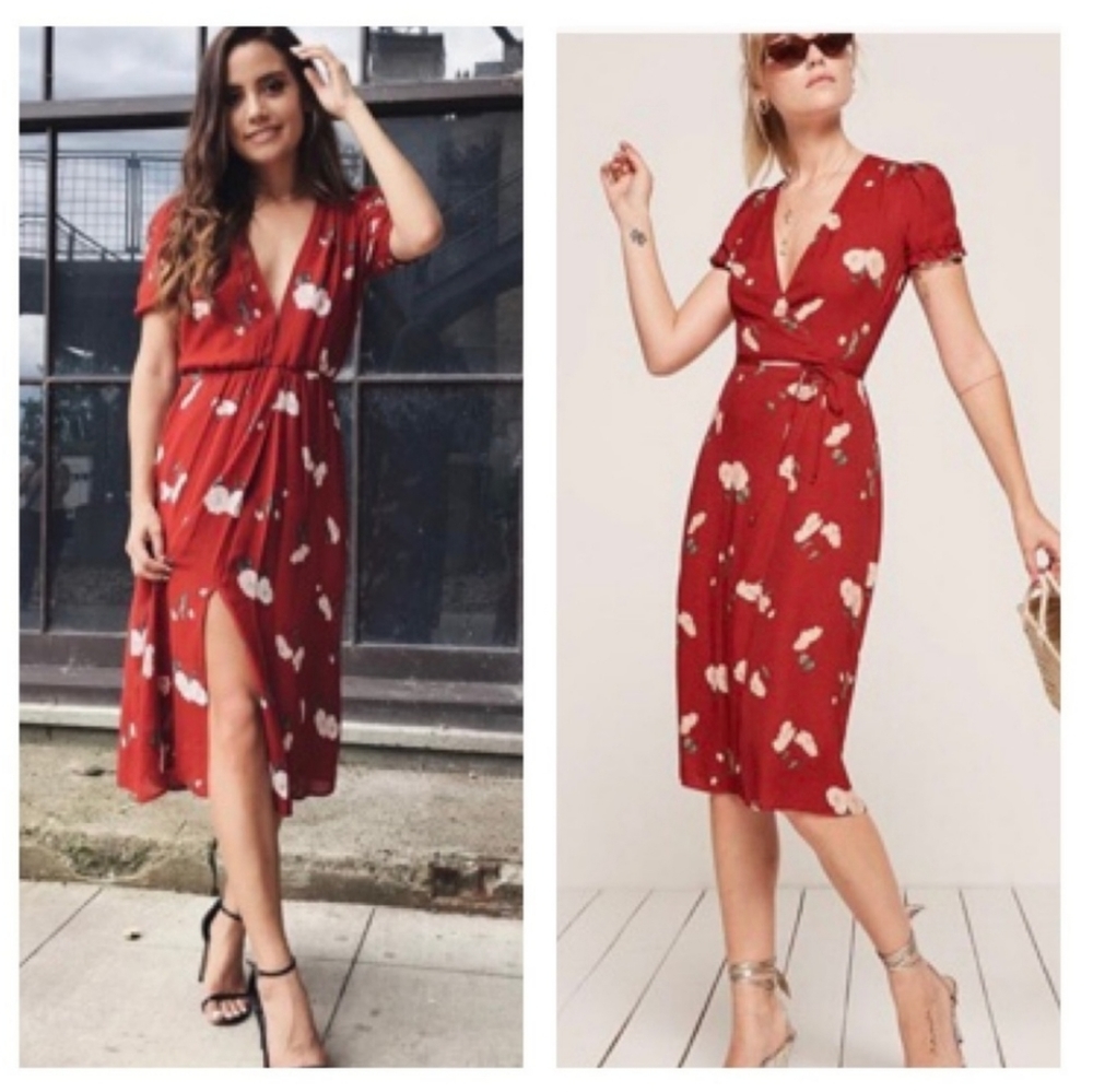 Reformation Addy Red Floral Wrap Dress Size Large